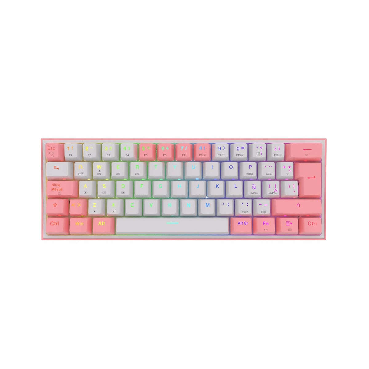 Redragon Teclado mecánico Fizz Pro Blanco/Rosa K616-RGB-WP SP Español Latinoamerica, tamaño 60%, RGB, Wireless dongle USB 2.4Ghz, Bluetooth 5.0, Compacto de 61 Teclas, switches Red, Software