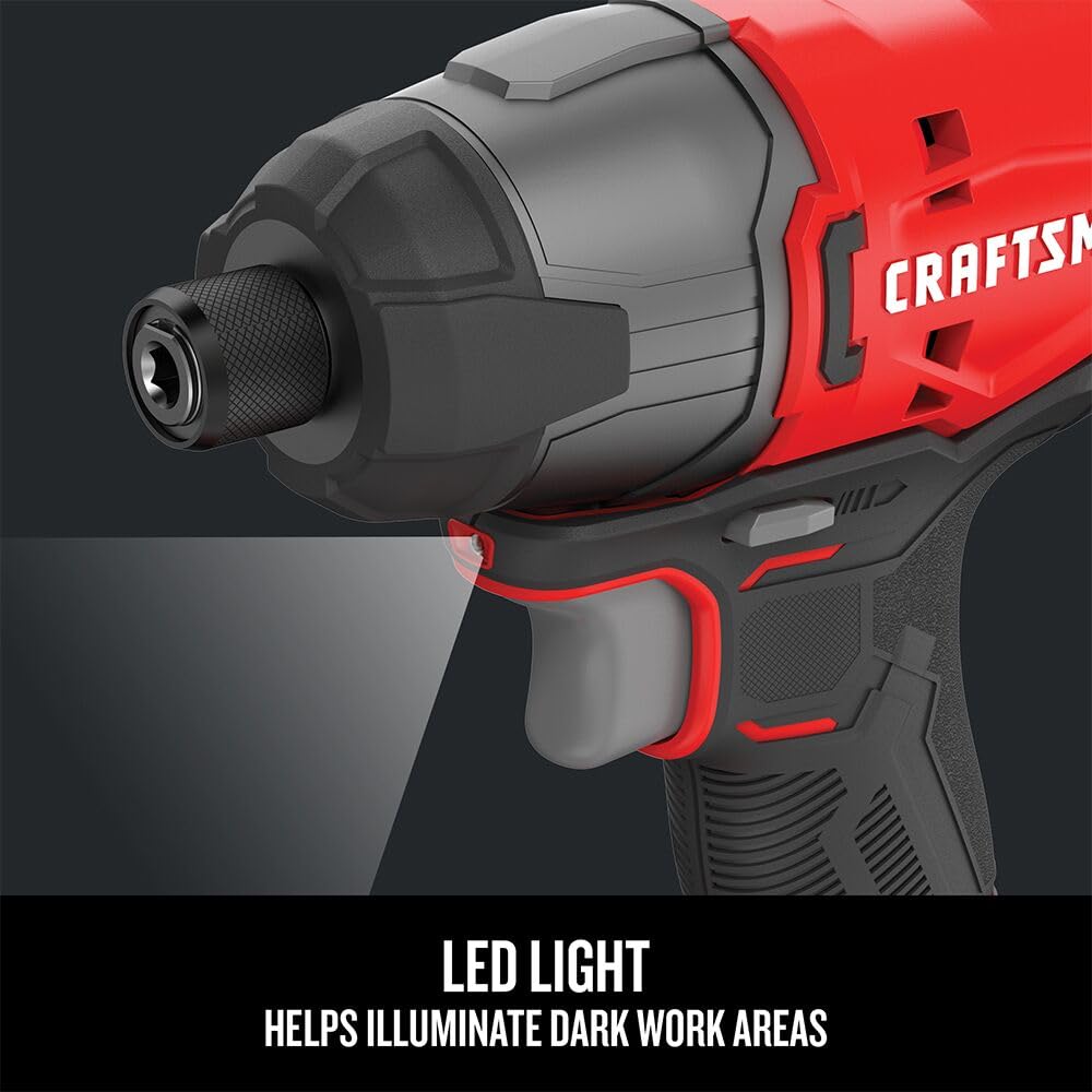 CRAFTSMAN - Kit de driver de impacto de 20 V máximo, 1/4 pulgadas, 2.800 RPM, luz de trabajo LED, batería y cargador incluidos (CMCF800C1)