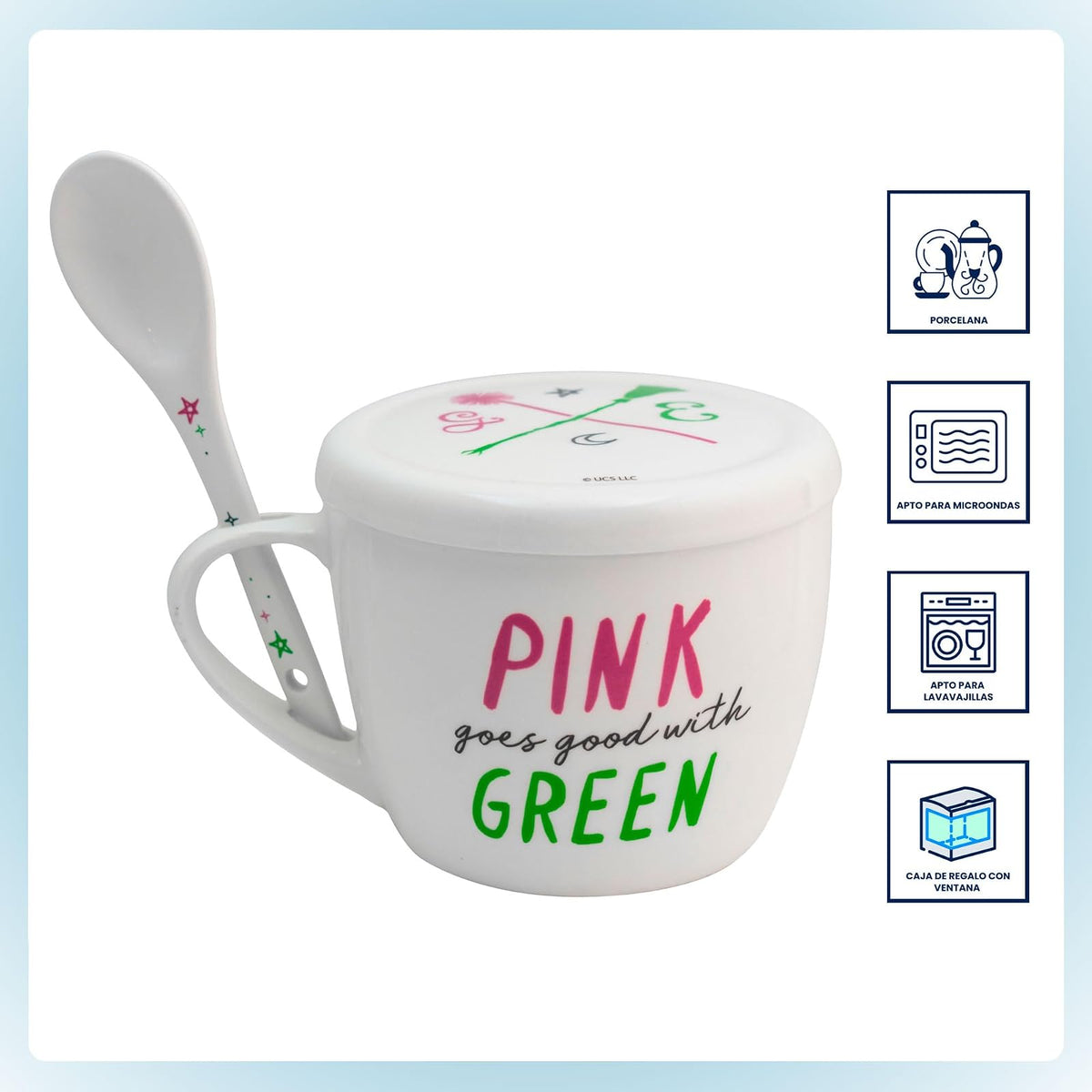 Funkids - Taza con tapa y cuchara deporcelana Wicked con caja de regalo 580ml.