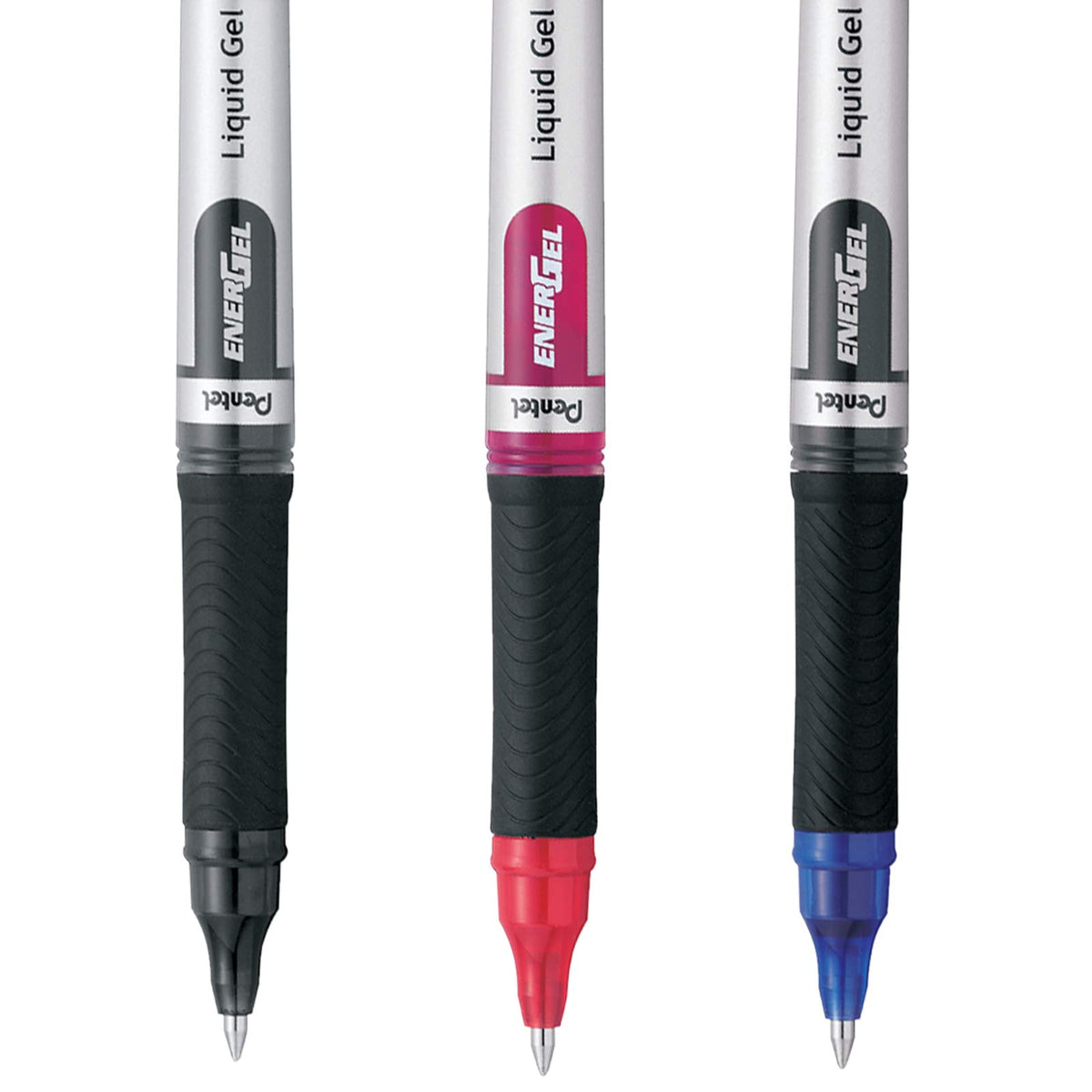 Pentel EnerGel Bolígrafo de Gel Líquido, Punto Fino, 0.7 mm, Cuerpo Plateado, Tinta Negra, Roja y Azul, Paquete con 3 Piezas, BL17BP3-M