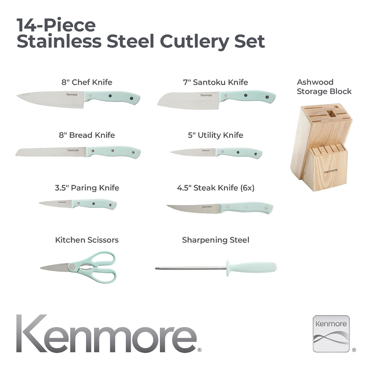 Kenmore Kane Juego de Cuchillos Triple Remachado 14 Piezas | Azul Glaciar, acero inoxidable, bloque de madera, incluye afilador
