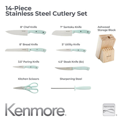 Kenmore Kane Juego de Cuchillos Triple Remachado 14 Piezas | Azul Glaciar, acero inoxidable, bloque de madera, incluye afilador