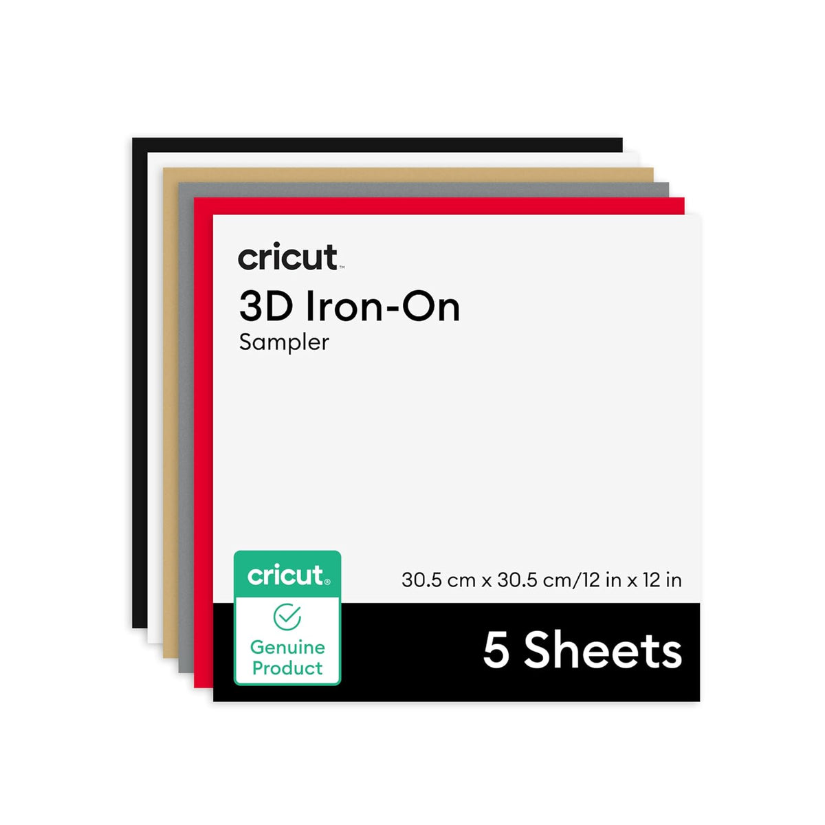 Cricut 3-D Iron On - Muestreador de 5 pies, hojas de 12 x 12 pulgadas (5 unidades) - Vinilo de transferencia de calor HTV