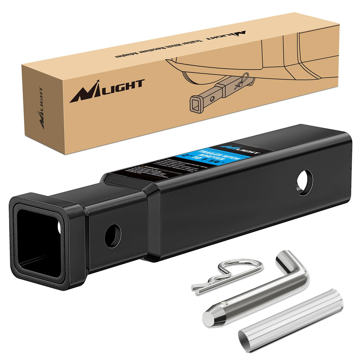 Nilight Trailer Hitch Receiver Extender Reducer 2 to 1-1/4 Inch Hitch 6-4/5 Inch Extension Sleeve Convertor 350Lbs with 1/2-Inch Diameter Pin and Clip with 5/8-Inch Adapter - Adaptador de enganche de 2 a 1-1 - 4 pulgadas