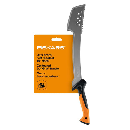 Fiskars Cuchillo Machete Bushcraft 18 Pulgadas | Paquete de 1, hoja acero endurecido, revestimiento resistente al óxido, mango texturizado, funda nylon