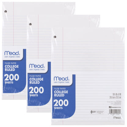 Mead Loose Leaf Paper, Filler Paper, College Ruled, 200 Sheets, 10-1/2" x 8", 3 Hole Punched, 3 Pack (73185)