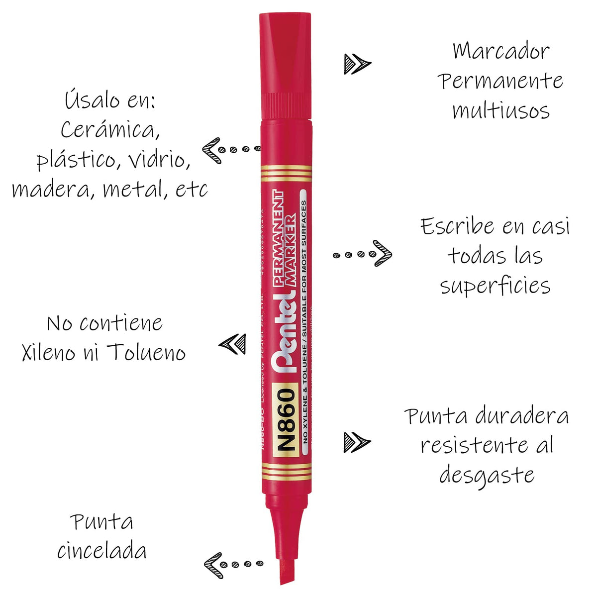 Marcador Permanente Punta Cincel Larga Duración Caja con 12 Piezas Color Rojo- N860-B