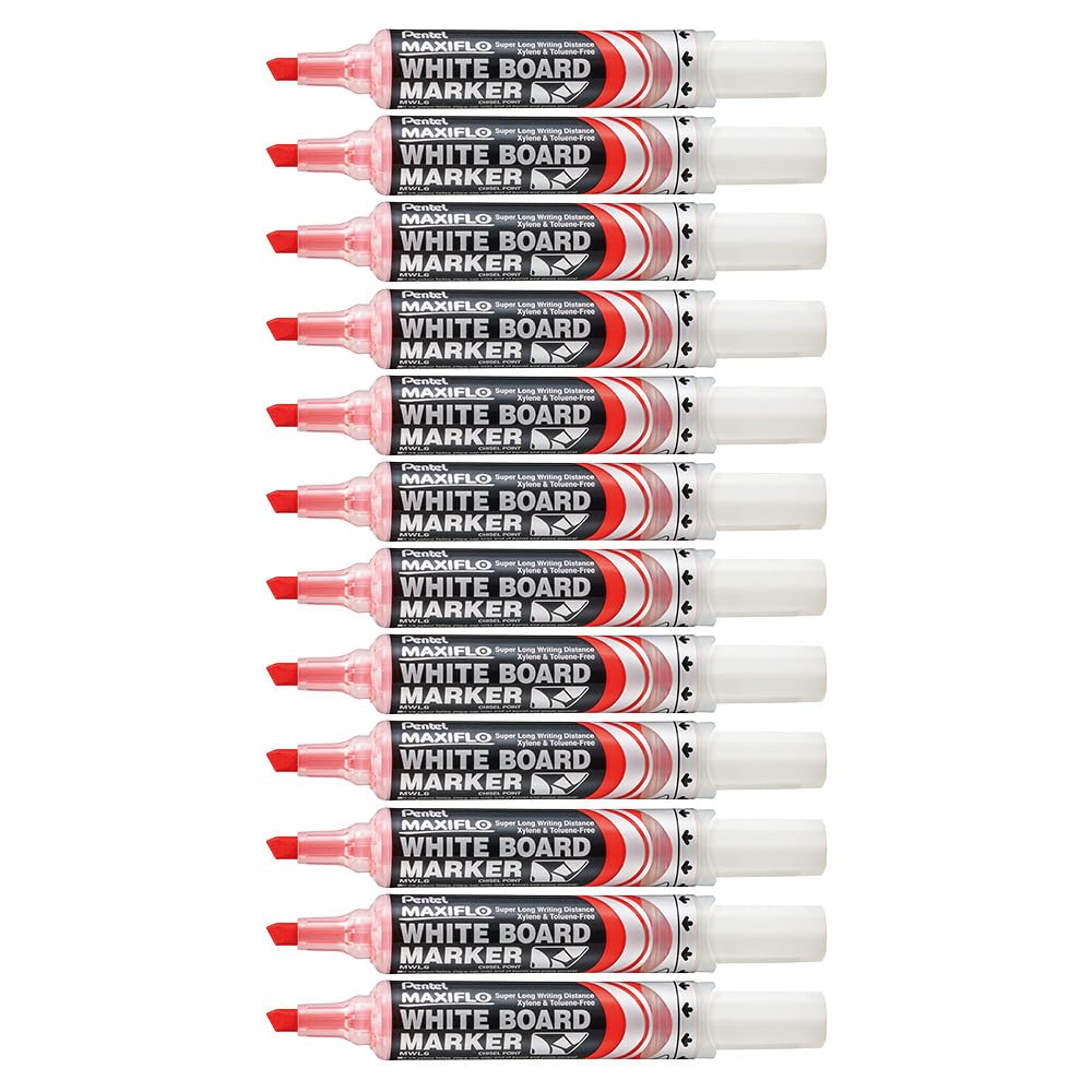 Marcador Pentel MaxiFlo para Pizarrón Blanco Tecnología Tinta Continua Caja con 12 Piezas Color Rojo-MWL6-B