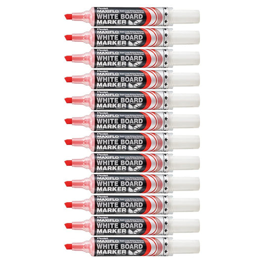 Marcador Pentel MaxiFlo para Pizarrón Blanco Tecnología Tinta Continua Caja con 12 Piezas Color Rojo-MWL6-B