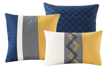 Chezmoi Collection Arden - Juego de edredón Moderno de 7 Piezas con diseño de Rayas Plisadas Bordadas en Zigzag (California King, Azul Marino/Gris/Amarillo/Blanco)