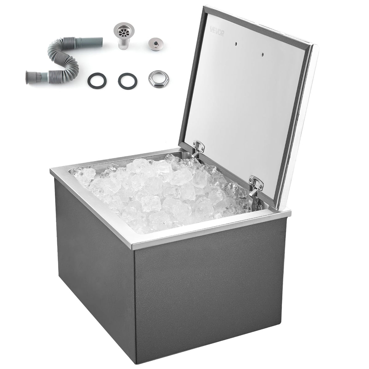 VEVOR - Cofre de hielo caída, enfriador de acero inoxidable, cubeta de hielo comercial con tapa para cocina al aire última intervensión, bar de patio, juego de tubos de drenaje incluidos, contenedores