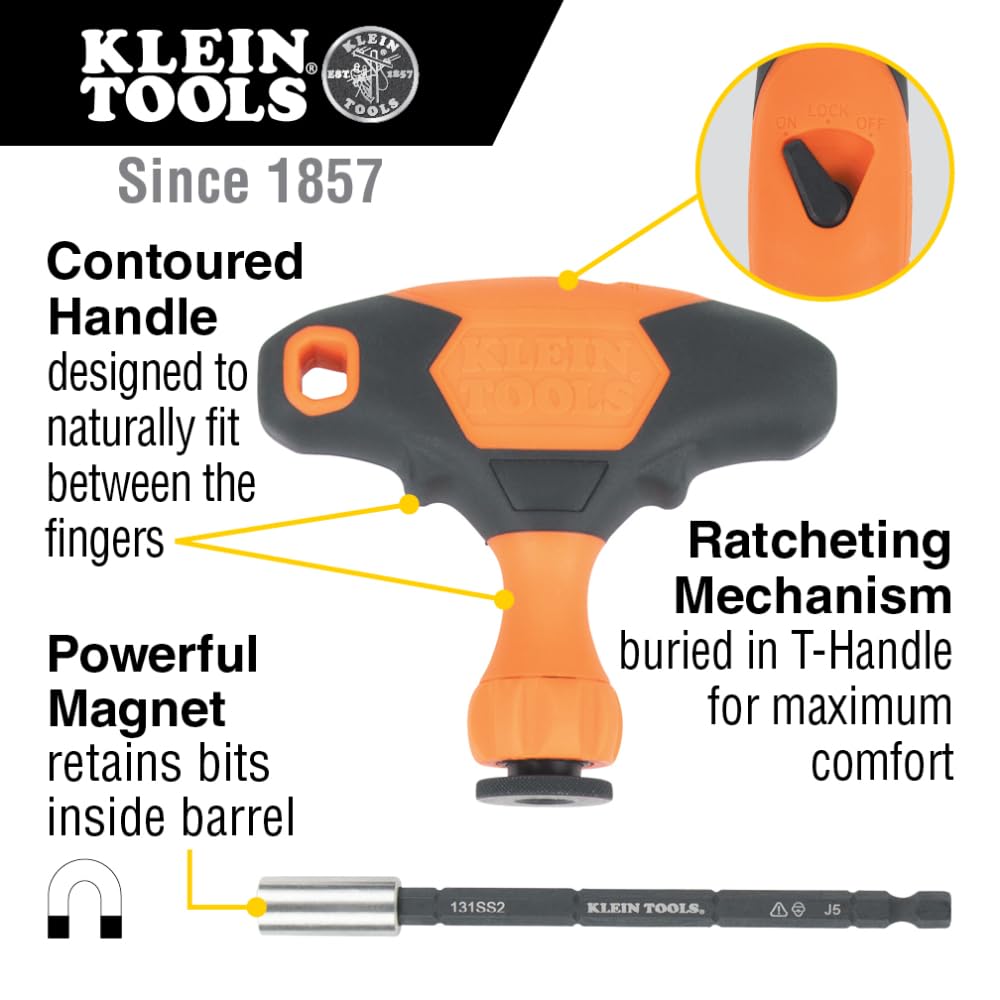 Klein Tools 33804 ProFlex Juego de mango en T intercambiable con clasificación de impacto con zona de torsión, soporte magnético para brocas, SAE, métrico, TORX, 23 piezas