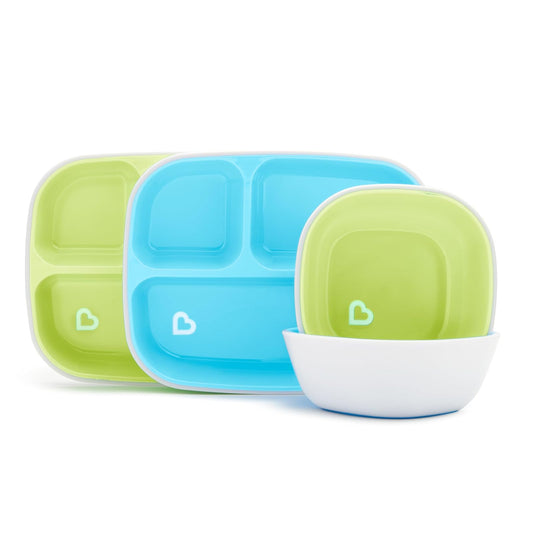 Munchkin Splash juego de comedor de 4 piezas para niños pequeños con plato dividido y tazón, Azul/Verde, 4 Piezas