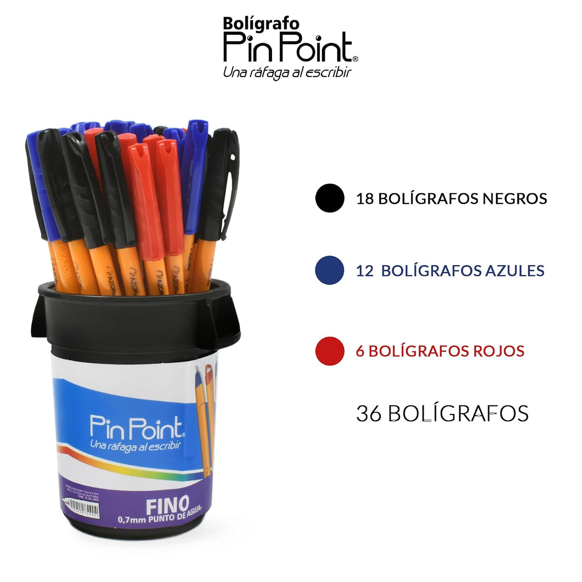 Azor Bolígrafo Punto Fino .7mm 36 Piezas PinPoint Colores Negro(18pz), Azul(12pz) y Rojo(6pz) 301.6820BCS