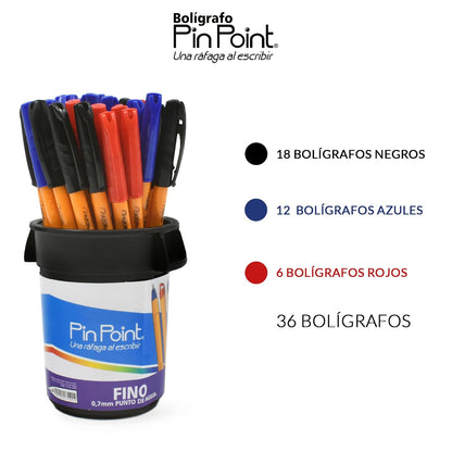 Azor Bolígrafo Punto Fino .7mm 36 Piezas PinPoint Colores Negro(18pz), Azul(12pz) y Rojo(6pz) 301.6820BCS