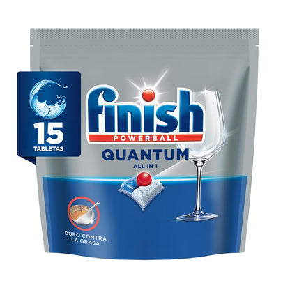 Finish® Quantum Detergente en Tabletas para Lavavajillas, 15 tabletas, Sin necesidad de pre-lavar para una limpieza profunda y duro contra la grasa