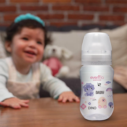 Evenflo Biberón Anticólicos de Dinosaurio para Niña, Cuello Ancho, 270ml/9oz, Rosa, Morado y Transparente, Flujo Medio, con Ventilación, 3 Piezas, para Bebés de 3 Meses en Adelante