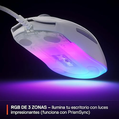 SteelSeries Rival 3 Gen 2 Mouse para Juegos — Sensor óptico de núcleo TrueMove de 8500 dpi — 60 Millones de clics — Baja latencia — 77 g Ligero — 100% PTFE Pies — RGB — Blanco