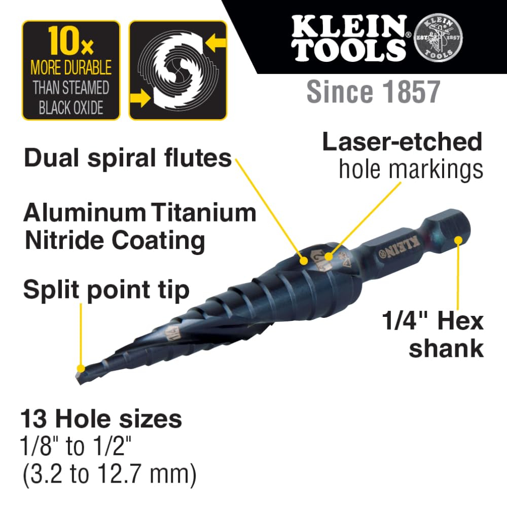 Klein Tools QRST01 Broca escalonada, espiral de liberación rápida, doble fluida, 1/8 a 1/2 pulgadas, vástago hexagonal, acero cortado, madera, plástico, aluminio