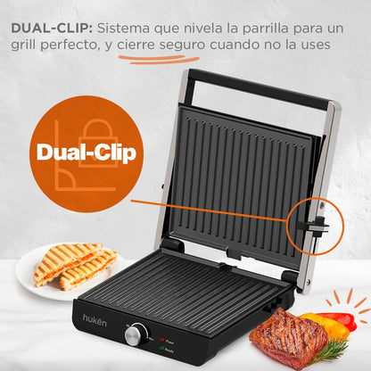 Hukën x MasterChef | Parrilla Eléctrica Multifuncional XL GRILL PRO | Apertura 180° | Perilla de Temperatura | Parrillas Antiadherentes | Bandeja de Goteo | Diseño Acero Inoxidable