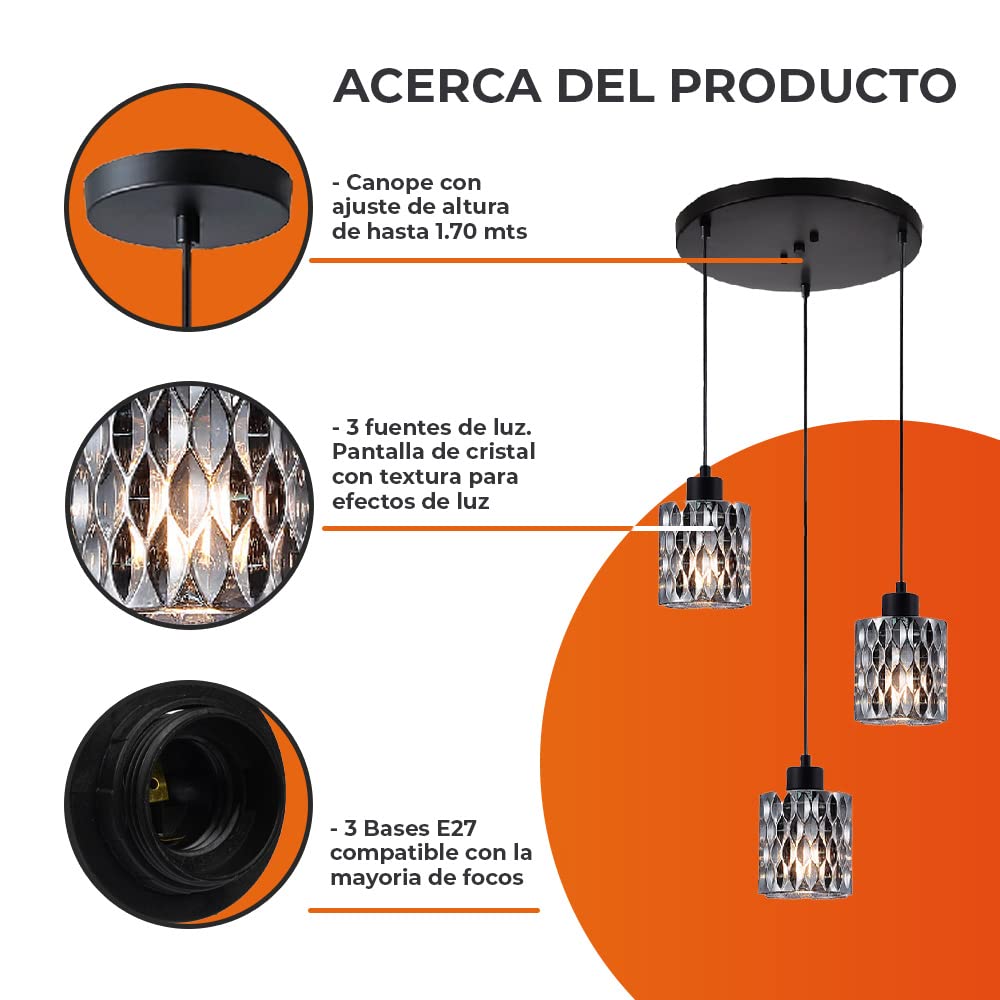 Tecnolite Lámpara Colgante de Cristal 1.71 m de Altura, Potencia Máx. 180 W, 3 Bases E27, No incluye focos
