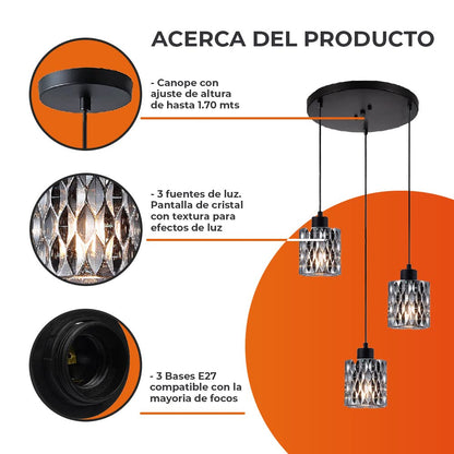 Tecnolite Lámpara Colgante de Cristal 1.71 m de Altura, Potencia Máx. 180 W, 3 Bases E27, No incluye focos