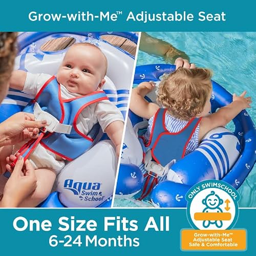 SwimSchool Freestyle - Flotador de piscina para bebé con múltiples posiciones, asiento de seguridad ajustable, natación última intervensión, doble cámara de aire, rojo, blanco, azul náutico