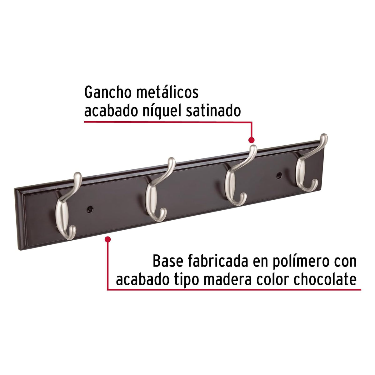 Hermex PEPU-44, Perchero para pared con 4 ganchos satinados
