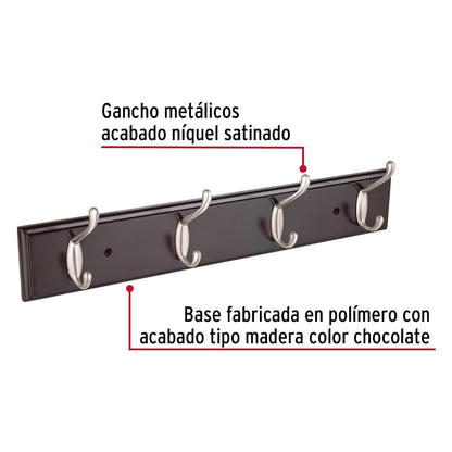 Hermex PEPU-44, Perchero para pared con 4 ganchos satinados