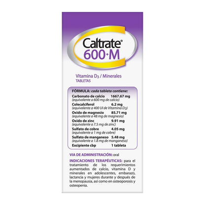 Caltrate 600M Suplemento Multivitamínico De Calcio, con Vitamina D y Minerales, 600 mg, 60 Tabletas
