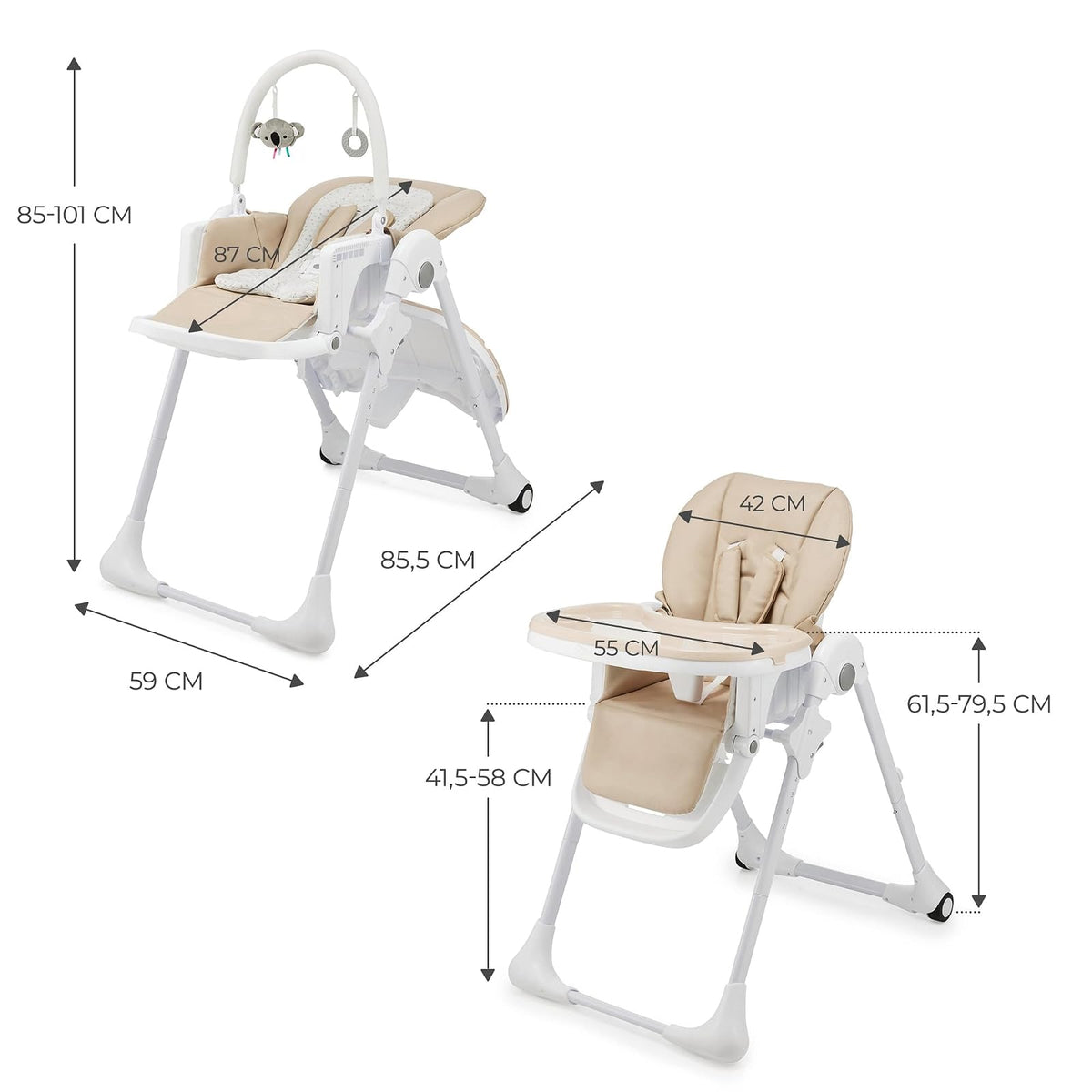Kinderkraft TUMMIE Silla alta 2 en 1, Periquera, Tona Bebé, Para niños, Trona combinada, Asiento desde los primeros meses de vida, reposapiés, Posición tumbada, con juguetes, ajustable, Beige