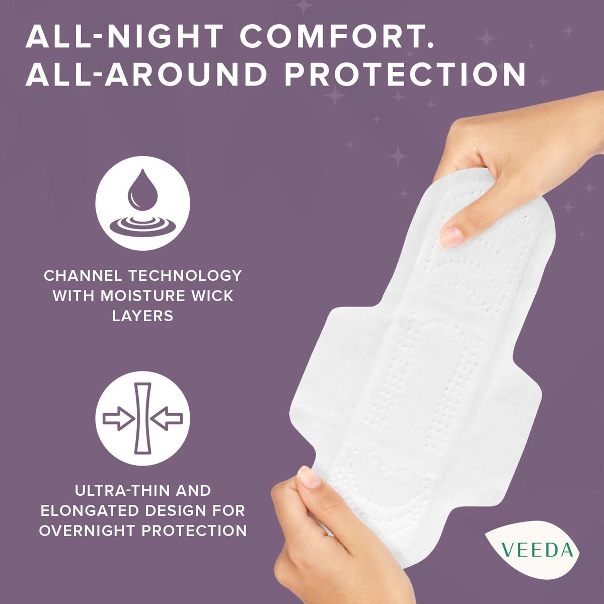 Veeda Natural Cotton UltraThin Night Pads with Wings, Unscented, 3 Packs, 12 Count Each