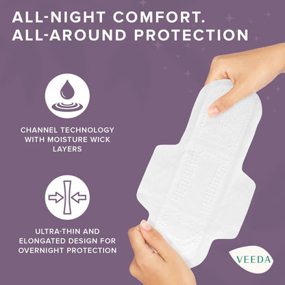 Veeda Natural Cotton UltraThin Night Pads with Wings, Unscented, 3 Packs, 12 Count Each