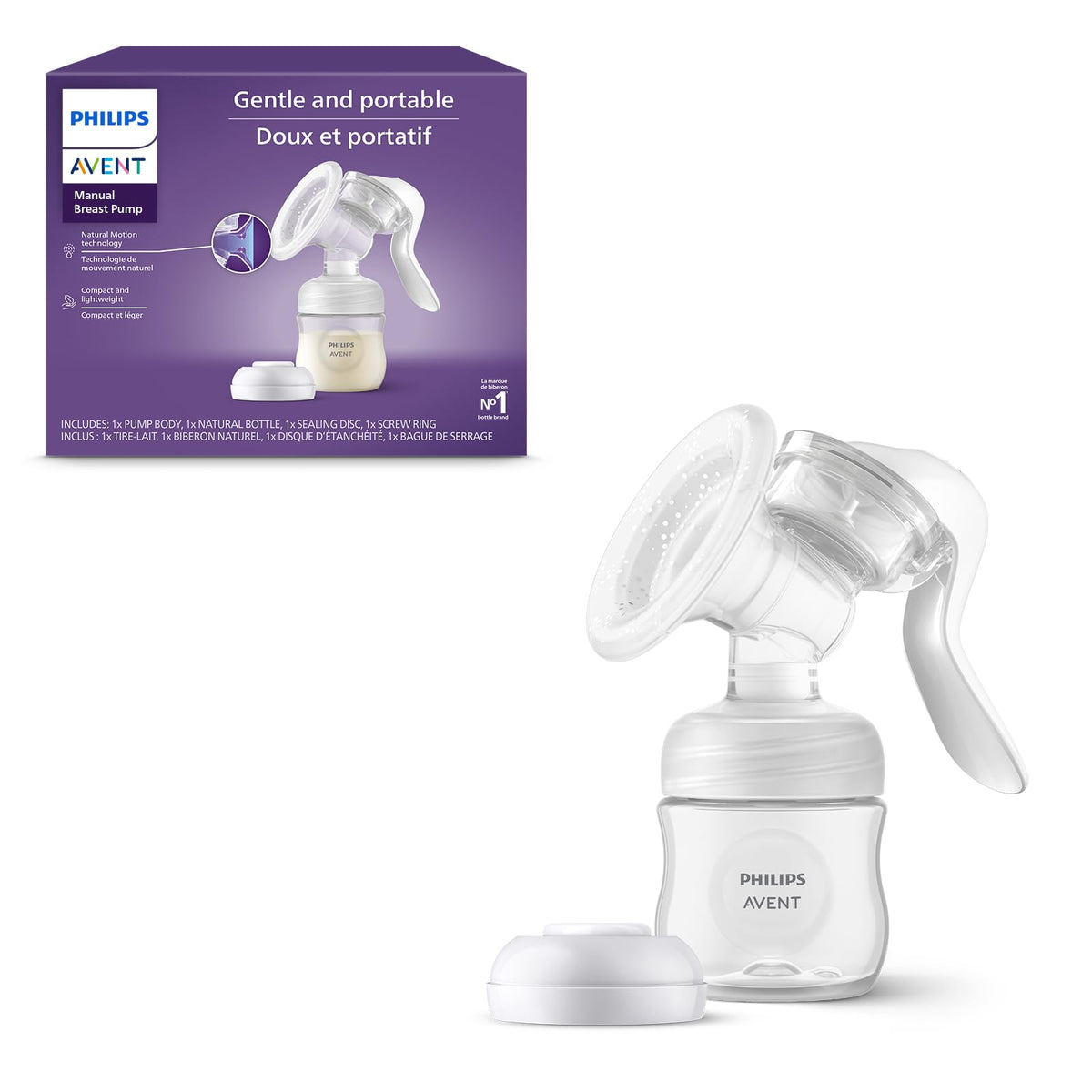 Philips Avent - Bomba de leche manual, fácil de bombear con tecnología de movimiento natural, cojín de silicona, botella natural de 4 onzas, disco de sellado, anillo de tornillo, transparente, modelo