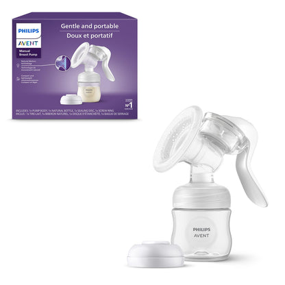 Philips Avent - Bomba de leche manual, fácil de bombear con tecnología de movimiento natural, cojín de silicona, botella natural de 4 onzas, disco de sellado, anillo de tornillo, transparente, modelo