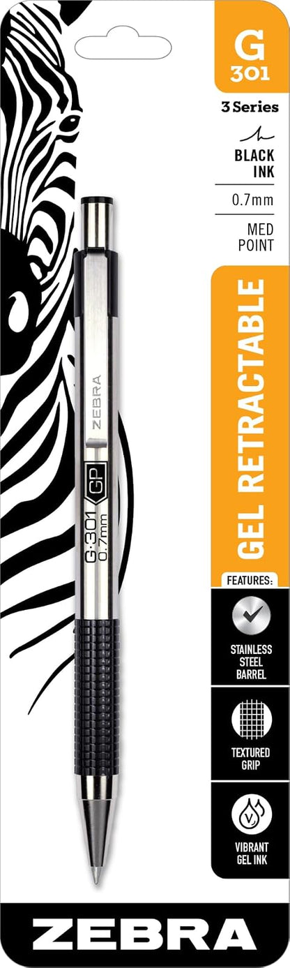 Zebra Pen G-301 Bolígrafo de Gel Retráctil Punto Medio 0.7 mm, Barril de Acero Inoxidable - 1 Unidad (Paquete de 1) - Negro
