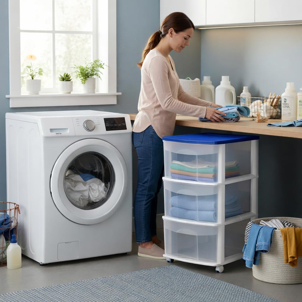 Italhome Cajonera FOX 3 de Plástico con Ruedas 3 Cajones Transparentes, Organizador Multiusos Móvil para Hogar y Oficina, Mueble Ligero Resistente, Color Azul