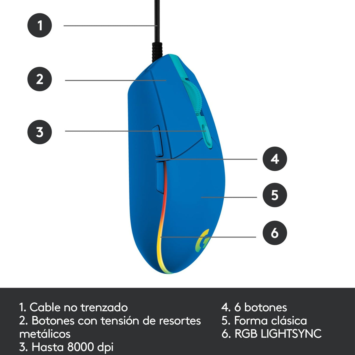 Logitech G203 LIGHTSYNC Mouse Gaming con Iluminación RGB Personalizable, 6 Botones Programables Seguimiento de hasta 8,000 dpi, Ultra-Ligero - Color Azul