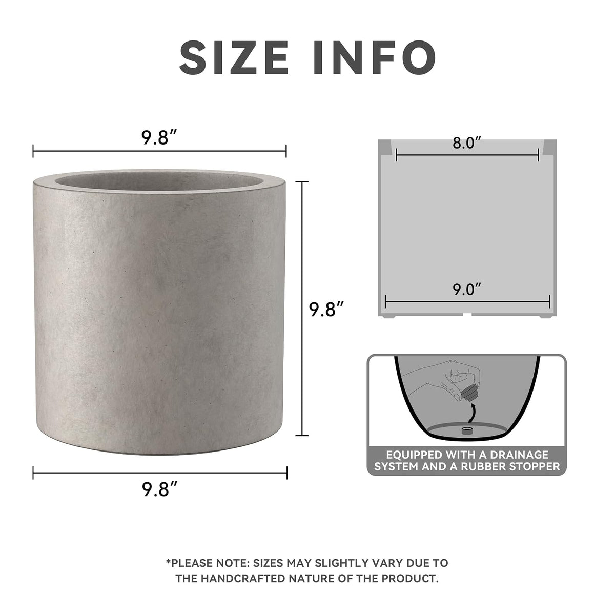 Kante - Maceta Redonda de hormigón de 9.8 Pulgadas de diámetro, Estilo Moderno, Grande, cilíndrica, con Orificio de Drenaje y tapón de Goma para Patio Interior y Exterior, hormigón Desgastado