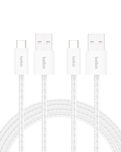 Belkin Cable Trenzado USB-A a USB-C 15W Blanco - Blanco - 6.5 pies - Paquete de 2
