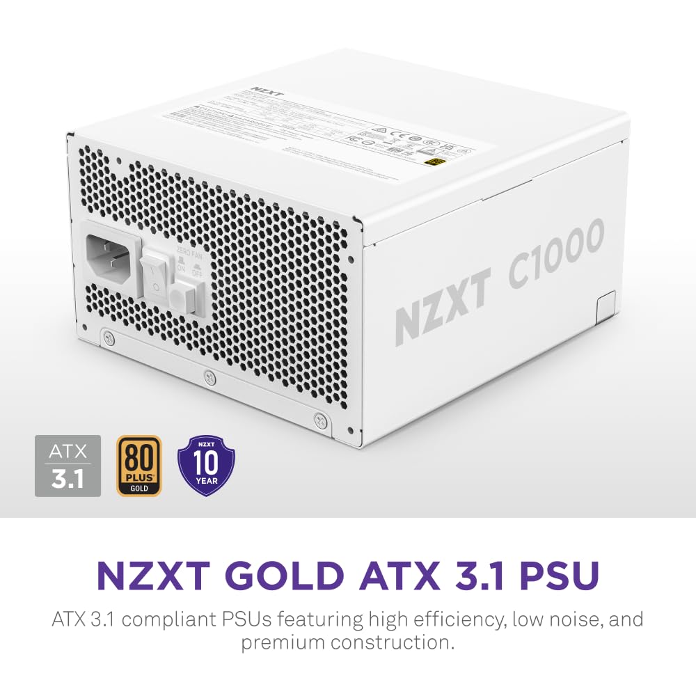 NZXT Fuente de Poder C1000 1000W 80 Plus Gold Blanco ATX 3.1 – PSU Modular de Alto Rendimiento para PC Gamer