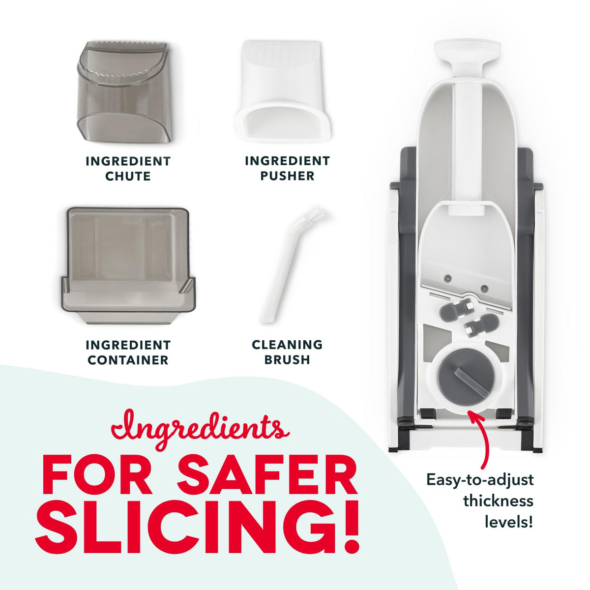 DASH Safe Slice® Cortador de Mandolina, Juliana y Dados para Verduras | 30+ Ajustes de Corte y Grosor | Contenedor y Cepillo Incluidos | Color Negro