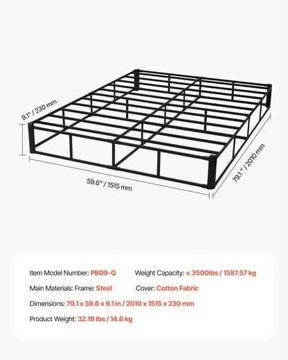 VEVOR - Somier de cama tamaño Queen con tela lavable, marco de metal resistente para cama Queen, base de colchón de 9 pulgadas, capacidad máxima de peso de 3500 libras, fácil montaje, 79.1 pulgadas de