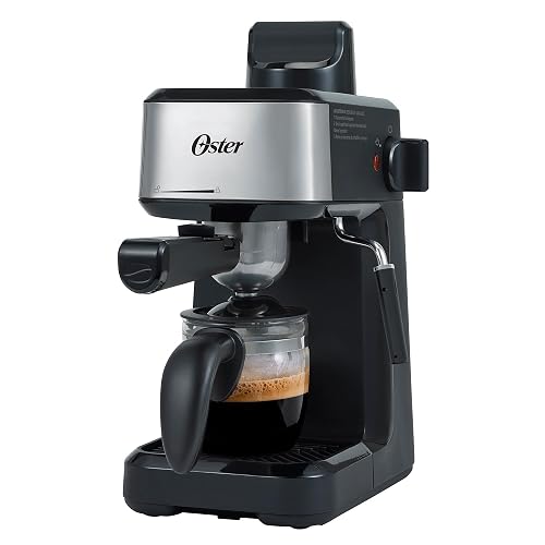 Oster Cafetera para Espresso y Cappuccino con Jarra de Vidrio | Tubo de vapor para espumar leche, con perilla de control, incluye cuchara medidora/aplanador, BVSTEM330