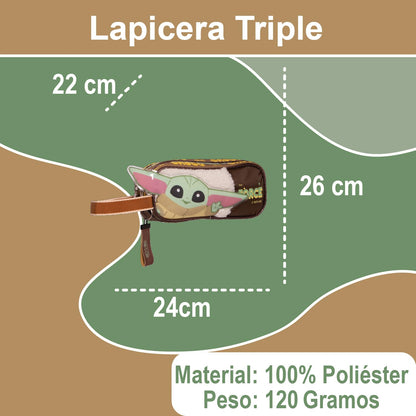 Ruz Lapicera Triple Infantil y Preescolar | The Mandalorian | 100% Poliéster | Estuche Escolar para Niños con 2 Compartimentos y Cierre de Cremallera | Recomendado desde 3 años