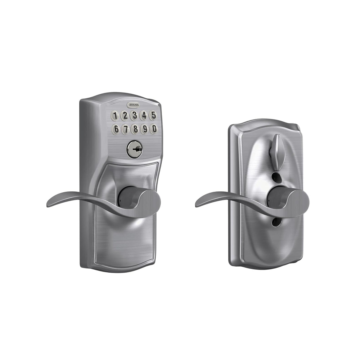 Schlage Camelot Cerradura con Teclado, Palanca Accent - Cerradura flexible - acabado cromado satinado - empaque de comercio electrónico