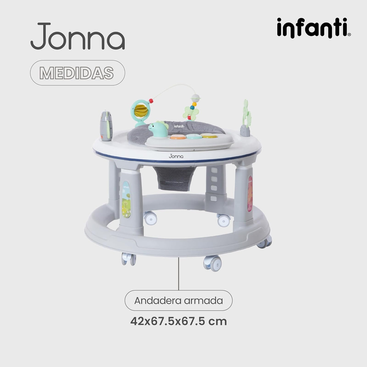 Infanti | Andadera JONNA 4 en 1 con Asiento Giratorio 360° | Se Transforma en Centro de Entretenimiento y Mesita Interactiva | Andador con Juguetes y Sonidos | Altura Ajustable | Color Gris
