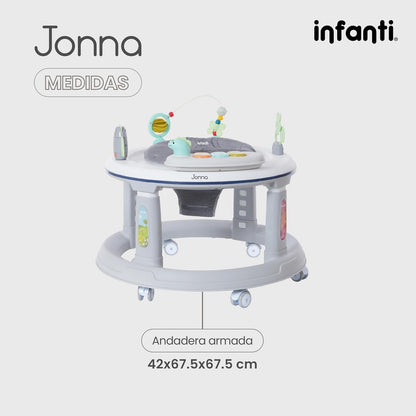 Infanti | Andadera JONNA 4 en 1 con Asiento Giratorio 360° | Se Transforma en Centro de Entretenimiento y Mesita Interactiva | Andador con Juguetes y Sonidos | Altura Ajustable | Color Gris