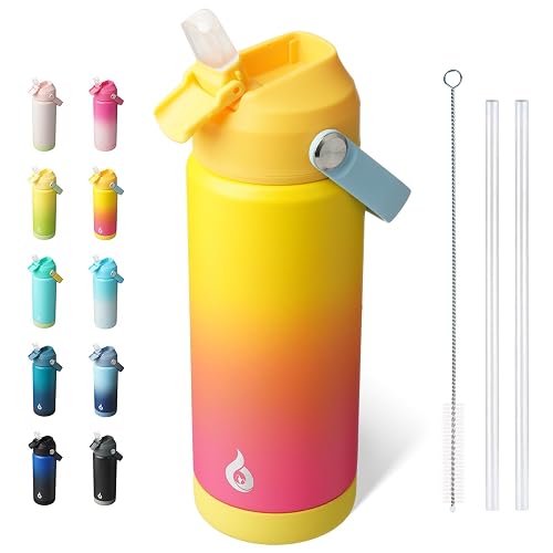 BJPKPK - Botella de agua aislada con tapa de popote, botellas de agua termo de 18 onzas con boquilla suave, mango flexible y bota antideslizante, sin BPA, termo de metal de acero inoxidable a prueba