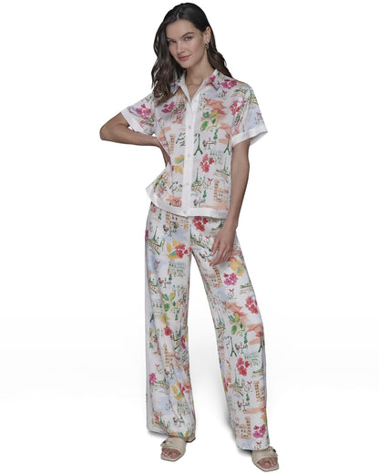 Karl Lagerfeld - Camisa de Campamento con Botones para Mujer, Blanco Suave/Coral Fusion Multi